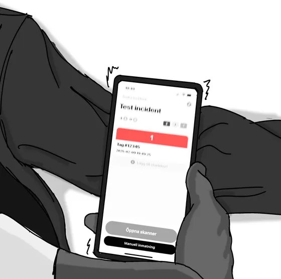 Vårdpersonal skannar taggen med mobilappen för att få tillgång till patientinformation.